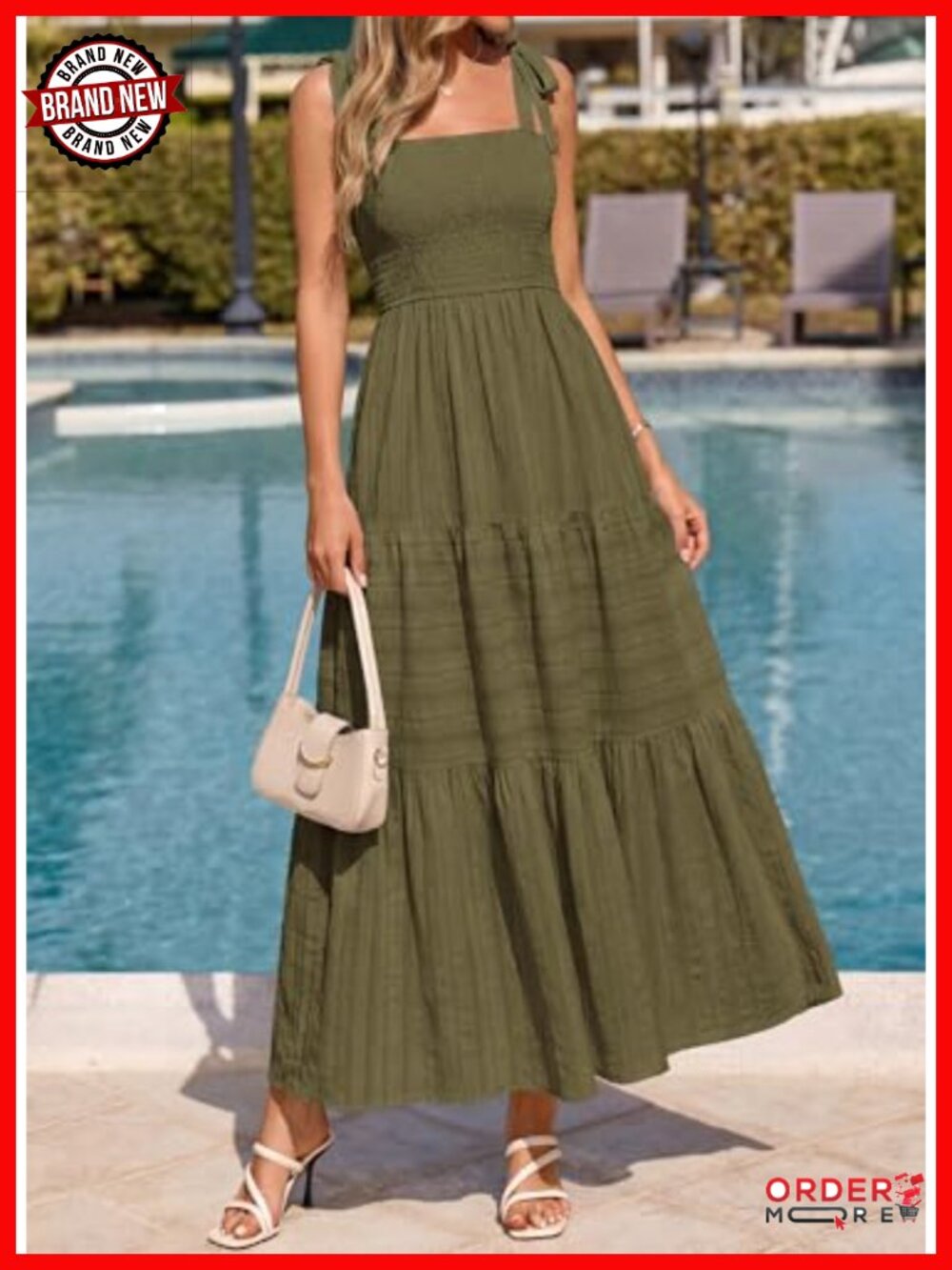Smocked Boho Spaghetti Strap Maxi Dress - Sleeveless A Line Beach Sundress - Picture 3 of 6